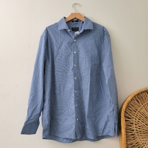 Kenneth Cole New York Blue Gingham Button Down Shirt Slim Fit Non Iron 17 1/2 34 - Picture 1 of 8